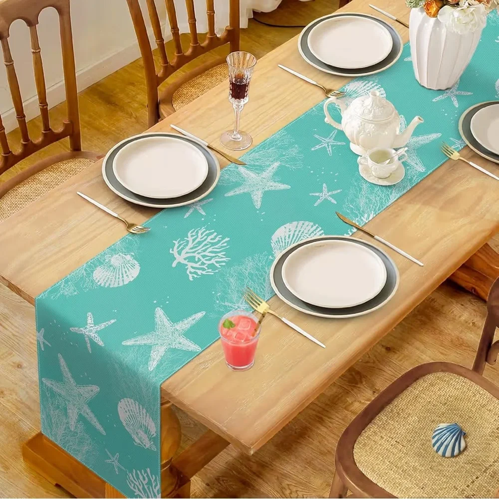 Bonhause Turquoise Coastal Ocean Table Runner 13x72 Inch Teal Blue Beach